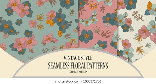  set of Colorful seamless pattern - flowers in vintage style, spring, cherry, apple tree in bloom - vector illustration. Eps 10. Editable patterns.