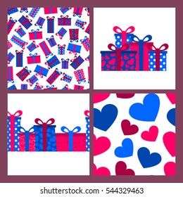 Set of colorful seamless pattern with gift boxes, border pattern, heart background and composition of boxes for presents. Good for greeting card and wrapping paper. Holidays and romantic concept.
