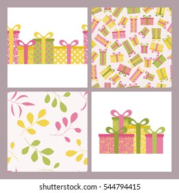 Set of colorful seamless pattern with gift boxes, border pattern, floral background and composition of boxes for presents. Good for greeting card and wrapping paper. Holidays and romantic concept.