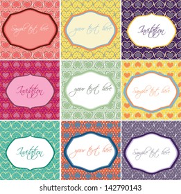 Set of colorful seamless  pattern with hearts and labels
