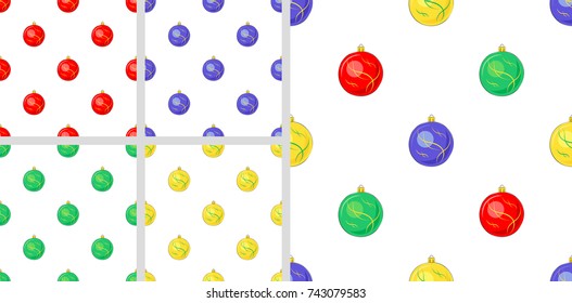 Set of colorful seamless pattern with outline hand drawn red, green, yellow, gold, blue   New Year tree spherical toy. Christmas decoration.
