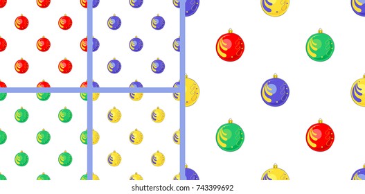 Set of colorful seamless pattern with outline hand drawn red, green, yellow, gold, blue   New Year tree spherical toy. Christmas decoration.