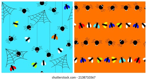 Conjunto de coloridos patrones sin costura con arañas e insectos. Sencillos fondos repetidos para tela, papel pintado, giftwrap o diseño. Eps 10