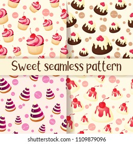 Set of colorful seamless pattern with tasty desserts in cartoon style. Cupcake, jelly, chocolate pie and pannacotta. Vector illustration for Desserts Collection.