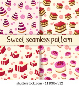 Set of colorful seamless pattern with tasty desserts in cartoon style. Cake, jelly and cheesecake. Vector illustration for Desserts Collection.