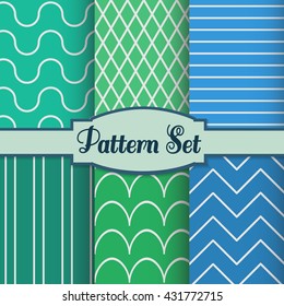 Set of colorful seamless pattern. Vector illustration. Simple geometric lines. Blue and green. Patterns can be used as wrapping paper, background, fabric print, web page backdrop, wallpaper and more