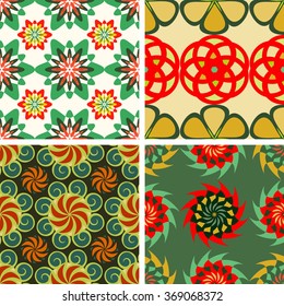 Set of colorful seamless patterns from abstract fantastic flowers