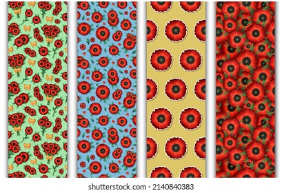Conjunto de coloridos patrones sin costura con amapolas, hojas, ramas y ramos de dibujos animados. Patrón de flores rojas interminables para envolver papel, fondo, papel pintado, etc.