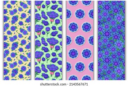 Set of colorful seamless patterns with cartoon blue cornflowers, leaves, twigs and bouquets. Endless flower pattern for wrapping paper, background, wallpaper, etc. Vector Illustration EPS 10
