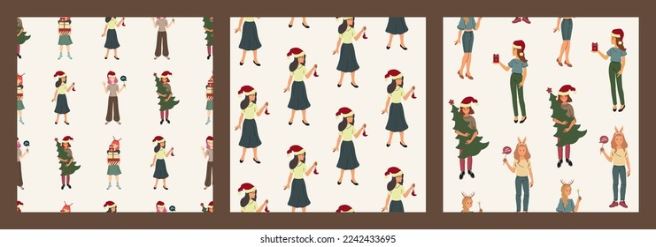 Set of colorful seamless patterns, Christmas girls. Background design. Merry Christmas and Happy New Year