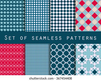 Set of colorful seamless patterns. Classic colors. The pattern for wallpaper, tiles, fabrics, backgrounds. Vector illustration.