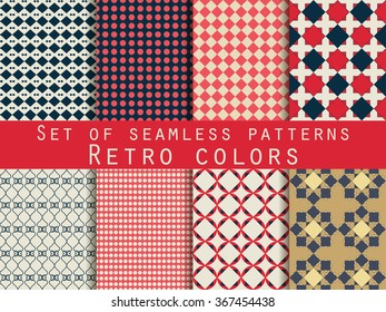 Set of colorful seamless patterns. Classic colors. The pattern for wallpaper, tiles, fabrics, backgrounds. Vector illustration.