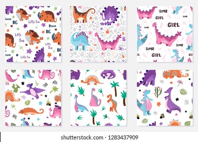 Set of colorful seamless patterns with cute cartoon dinosaurs on a white background. Line drawing by hand, vector. Illustration for textile, print, kids clothes.