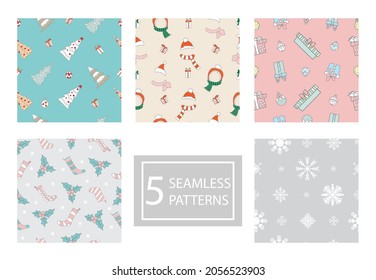 Conjunto de coloridos patrones impecables con diferentes elementos navideños. Ilustración vectorial. Concepto de Navidad de invierno. Diseño, impresión, decoración, papel pintado, lino, vajilla, textil