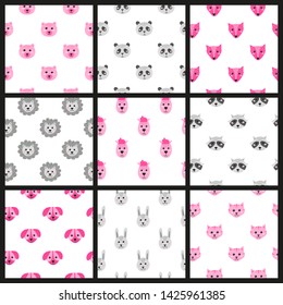 Set of colorful seamless patterns with doodle animal faces.