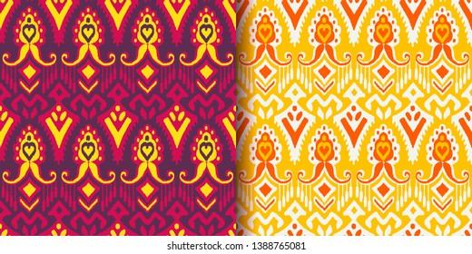 Set of colorful seamless patterns with embroidery. Ikat Fabric. Ethnic design for clothing, carpet, wallpaper, etc.