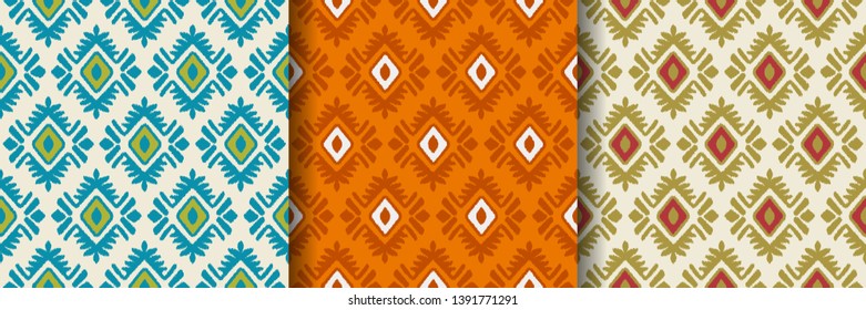 Set of colorful seamless patterns with embroidery. Ikat Fabric. Ethnic design for clothing, carpet, wallpaper, etc.