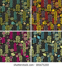 Set of colorful seamless patterns with flowers and animals. Vector illustrations.