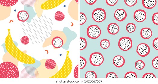 Set of colorful seamless patterns with fruits. Vector abstract illustration with banana, strawberry and dragon fruit