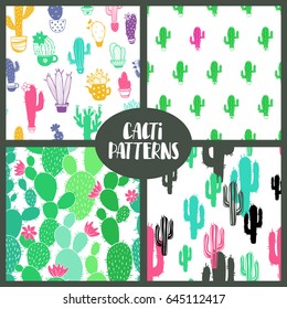 Set of colorful seamless patterns with funny cactus and succulent. Houseplant and wild cactus backgrounds. 