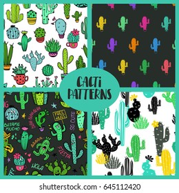 Set of colorful seamless patterns with funny cactus and succulent. Houseplant and wild cactus backgrounds. 