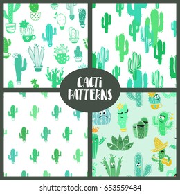 Set of colorful seamless patterns with funny cactus and succulent. Houseplant, wild cactus and character backgrounds. 