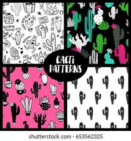 Set of colorful seamless patterns with funny cactus and succulent. Houseplant, wild cactus and character backgrounds. 