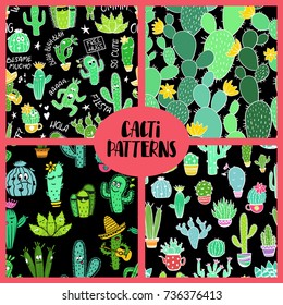 Set of colorful seamless patterns with funny cactus and succulent. Houseplant and wild cactus backgrounds. 