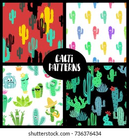 Set of colorful seamless patterns with funny cactus and succulent. Houseplant and wild cactus backgrounds. 