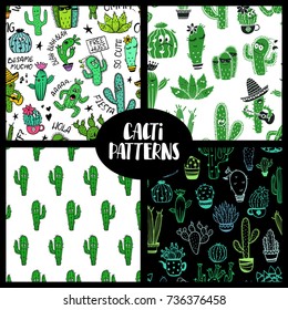 Set of colorful seamless patterns with funny cactus and succulent. Houseplant, wild cactus and characters backgrounds. 