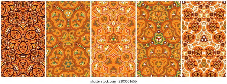 Conjunto de coloridos patrones sin costura. abstracción geométrica sobre fondo blanco. Caleidoscopios de colores. Útil como elemento de diseño para la textura y las composiciones artísticas. 