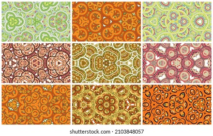 Set of colorful seamless patterns. Geometric abstraction on white background. Useful as design element for texture and artistic compositions. 
