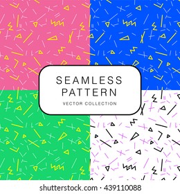 Set of colorful seamless patterns with geometric elements. Pattern hipster style. Bright and funny background. Abstract texture can be used for party, celebration, posters, postcards, fabric