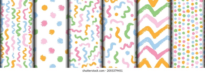 set of colorful seamless patterns with grunge brush strokes on white background. Good for wrapping paper, textile prints, scrapbooking, nursery decor, wallpaper, kids apparel, etc. EPS 10