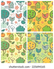 Set of colorful seamless patterns in hand drawn style on village theme