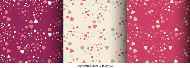 Set of colorful seamless patterns with hearts.  Can be used for baby announcement, Valentine's Day,  Mother's Day, Easter, wedding, scrapbook, gift wrapping paper, textiles.