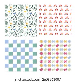Set of colorful seamless patterns. Includes grass, rainbow and star pattern. Pastel, vintage vector illustration	