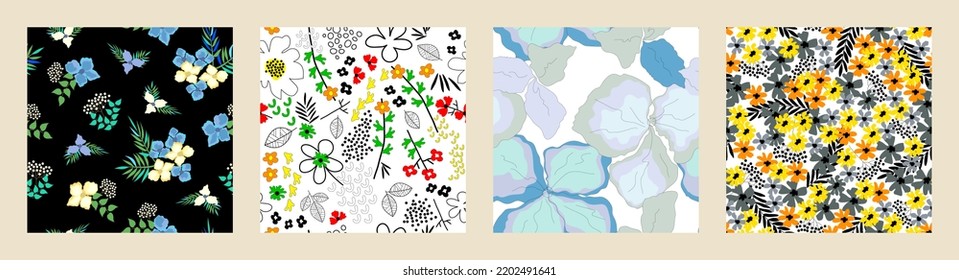 Set of colorful seamless patterns with large and small hand-draw flowers on black and white backgrounds. Vintage folklore and luxurious floral motifs. Artistic textile collection. Vector.