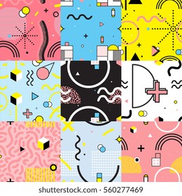 Conjunto de patrones de colores sin fisuras en estilo memphis con líneas onduladas y figuras geométricas ilustraciones vectoriales aisladas
