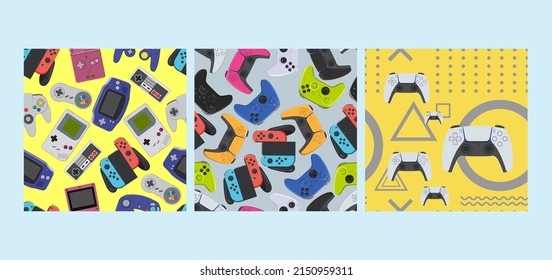 Set of colorful seamless patterns on the gaming theme. Set of color patterns with gamepads and consoles. Set of backgrounds on the theme of video games.