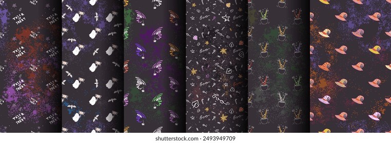 A set of colorful seamless patterns on dark gray backgrounds for the Halloween holiday. October 31. Elements, words, doodles, texture. Naive style. Vector illustration.