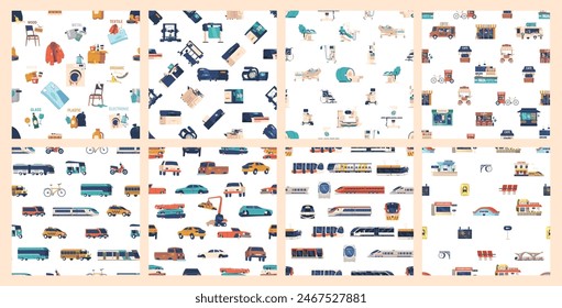 Set Of Colorful Seamless Patterns Showcasing Various Machinery And Transportation Elements. Vector Tile Backgrounds