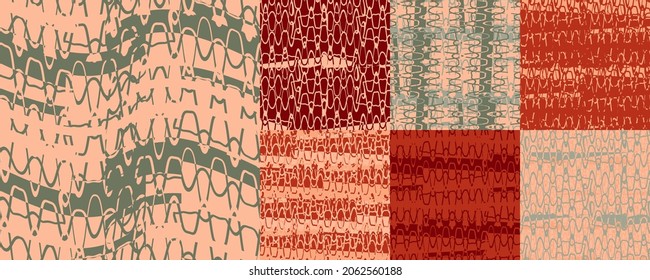 Set of colorful seamless patterns with sound waves. Abstract vector retro grunge. Glitchy artistic illustration for fabric design, wallpaper, decorative paper, web design, background, postcard.