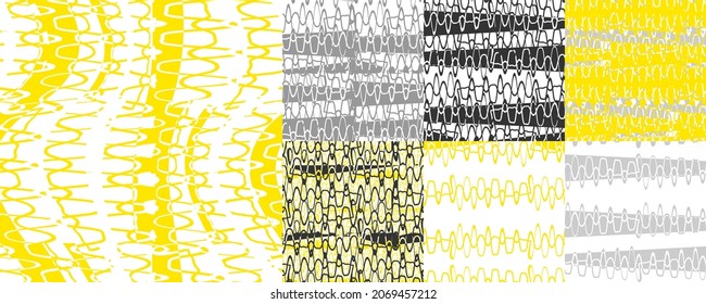 Set of colorful seamless patterns with sound waves. Abstract vector retro grunge. Glitchy artistic illustration for fabric design, wallpaper, decorative paper, web design, background, postcard.