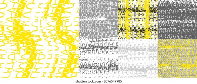 Set of colorful seamless patterns with sound waves. Abstract vector retro grunge. Glitchy artistic illustration for fabric design, wallpaper, decorative paper, web design, background, postcard.