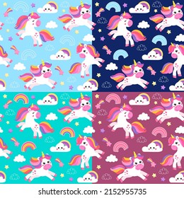 set of colorful seamless patterns with unicorns in cartoon style for kids. vector illustration
