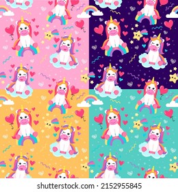 conjunto de coloridos patrones sin costura con unicornios en estilo de dibujos animados para los niños. ilustración vectorial