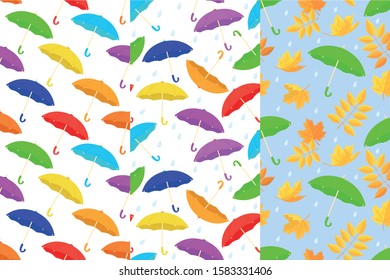 Set of colorful seamless patterns. Various umbrellas with raindrops in flat cartoon style. A sign of rainy weather. All items are available for editing. Vector illustration.