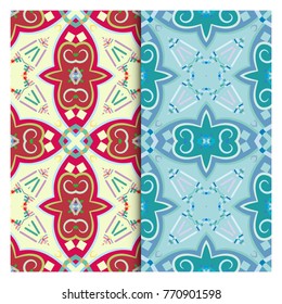 Set of colorful seamless patterns, vertical borders with geometric ornament. Doodle graphic repeating texture for textile fabric, paper print. Tribal ethnic arabic, indian decor. Fashion collection