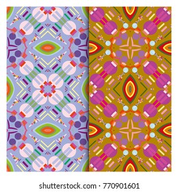 Set of colorful seamless patterns, vertical borders with geometric ornament. Doodle graphic repeating texture for textile fabric, paper print. Tribal ethnic arabic, indian decor. Fashion collection